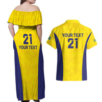 Sweden Rugby Custom Couples Matching Off Shoulder Maxi Dress and Hawaiian Shirt Three Crowns of Sweden Gold Pattern LT9 - Wonder Print Shop
