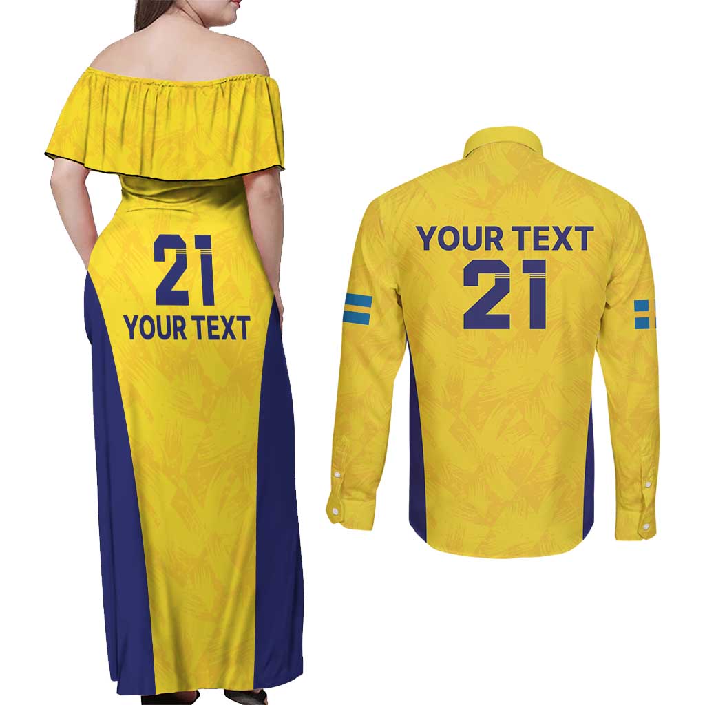 Sweden Rugby Custom Couples Matching Off Shoulder Maxi Dress and Long Sleeve Button Shirt Three Crowns of Sweden Gold Pattern LT9 - Wonder Print Shop