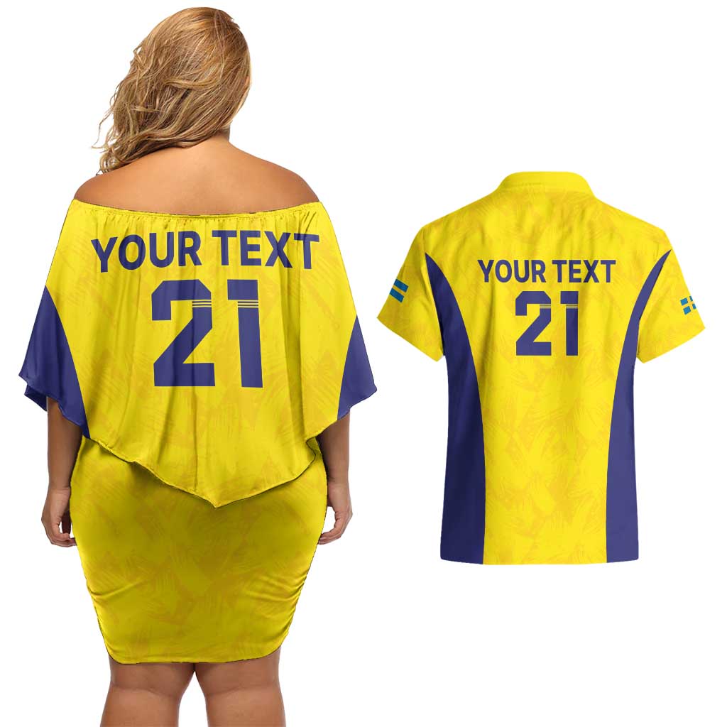 Sweden Rugby Custom Couples Matching Off Shoulder Short Dress and Hawaiian Shirt Three Crowns of Sweden Gold Pattern LT9 - Wonder Print Shop