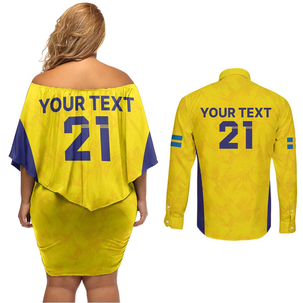 Sweden Rugby Custom Couples Matching Off Shoulder Short Dress and Long Sleeve Button Shirt Three Crowns of Sweden Gold Pattern LT9 - Wonder Print Shop