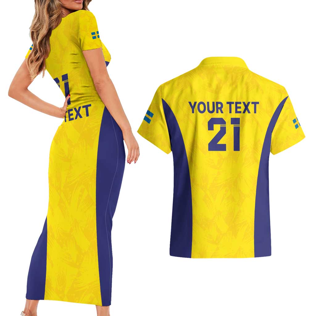 Sweden Rugby Custom Couples Matching Short Sleeve Bodycon Dress and Hawaiian Shirt Three Crowns of Sweden Gold Pattern LT9 - Wonder Print Shop