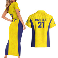 Sweden Rugby Custom Couples Matching Short Sleeve Bodycon Dress and Hawaiian Shirt Three Crowns of Sweden Gold Pattern LT9 - Wonder Print Shop