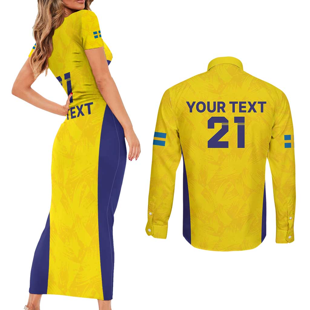 Sweden Rugby Custom Couples Matching Short Sleeve Bodycon Dress and Long Sleeve Button Shirt Three Crowns of Sweden Gold Pattern LT9 - Wonder Print Shop