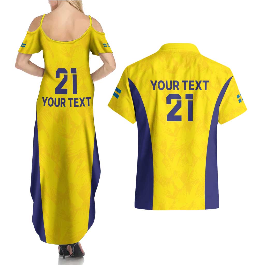 Sweden Rugby Custom Couples Matching Summer Maxi Dress and Hawaiian Shirt Three Crowns of Sweden Gold Pattern LT9 - Wonder Print Shop