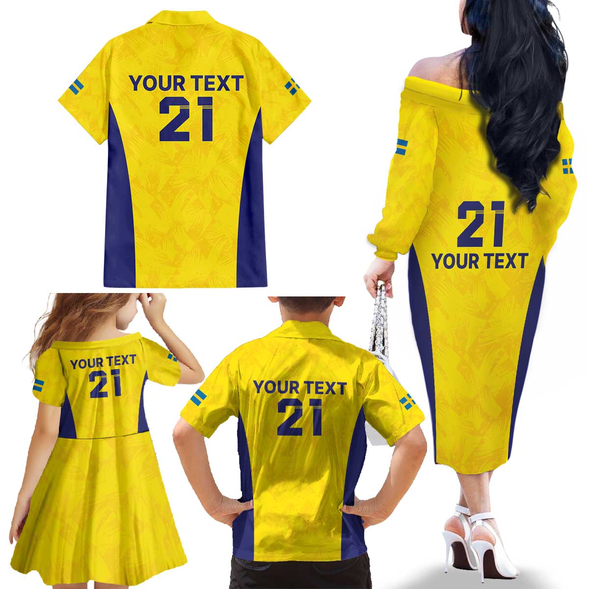 Sweden Rugby Custom Family Matching Off The Shoulder Long Sleeve Dress and Hawaiian Shirt Three Crowns of Sweden Gold Pattern - Wonder Print Shop