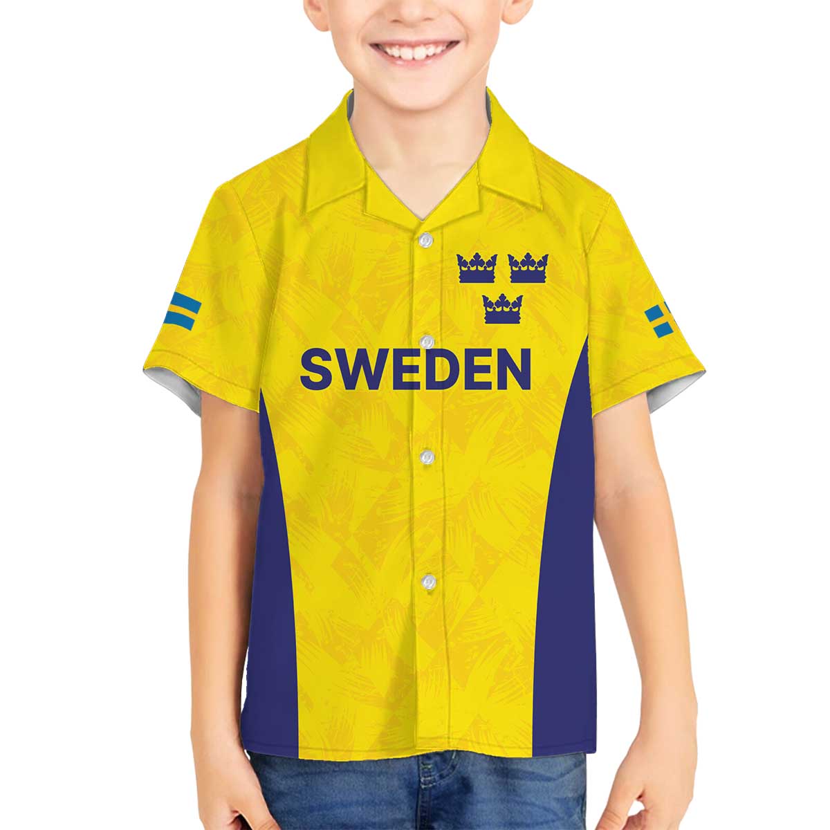 Sweden Rugby Custom Family Matching Off The Shoulder Long Sleeve Dress and Hawaiian Shirt Three Crowns of Sweden Gold Pattern - Wonder Print Shop