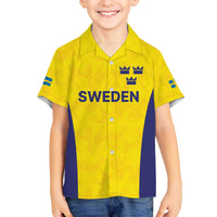 Sweden Rugby Custom Family Matching Off The Shoulder Long Sleeve Dress and Hawaiian Shirt Three Crowns of Sweden Gold Pattern - Wonder Print Shop