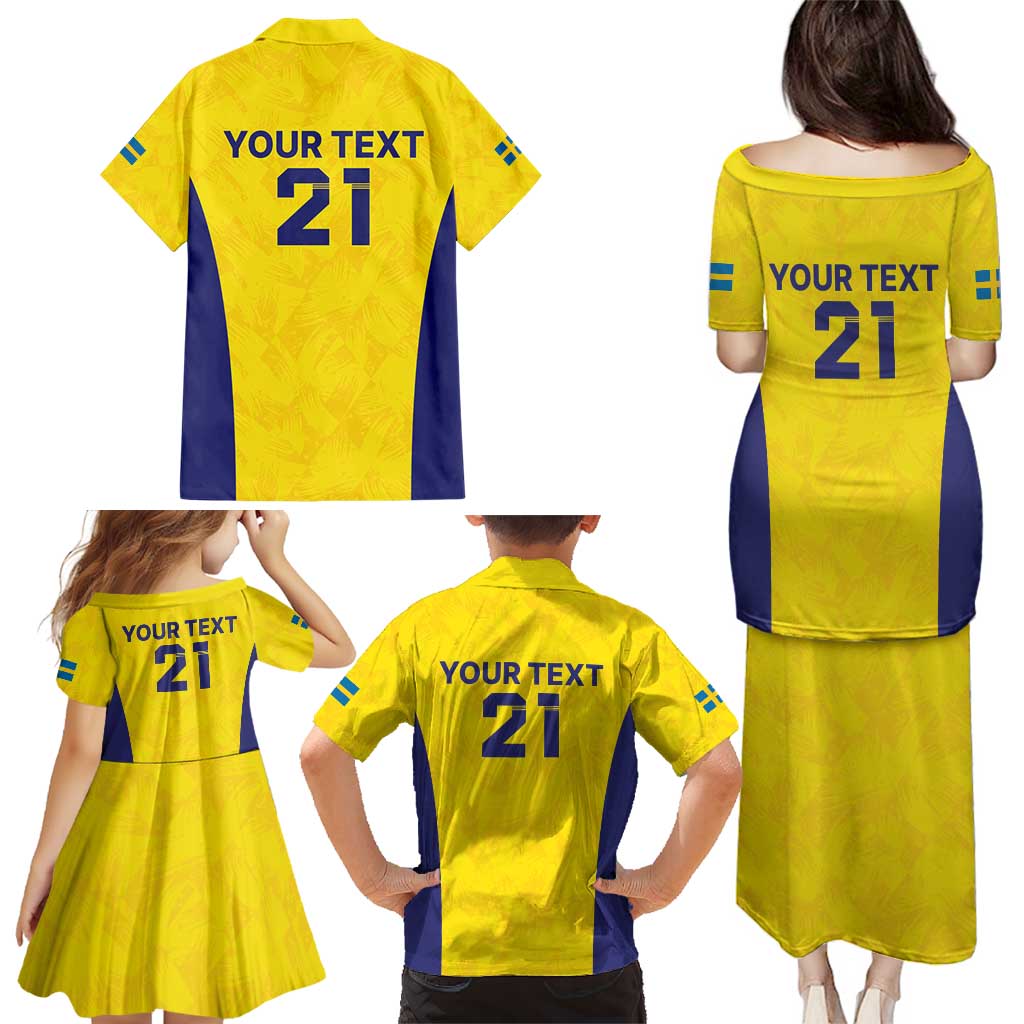 Sweden Rugby Custom Family Matching Puletasi and Hawaiian Shirt Three Crowns of Sweden Gold Pattern - Wonder Print Shop