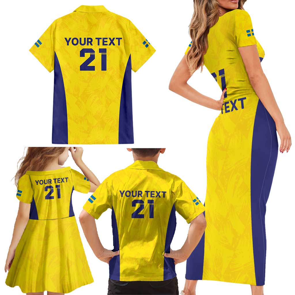 Sweden Rugby Custom Family Matching Short Sleeve Bodycon Dress and Hawaiian Shirt Three Crowns of Sweden Gold Pattern - Wonder Print Shop