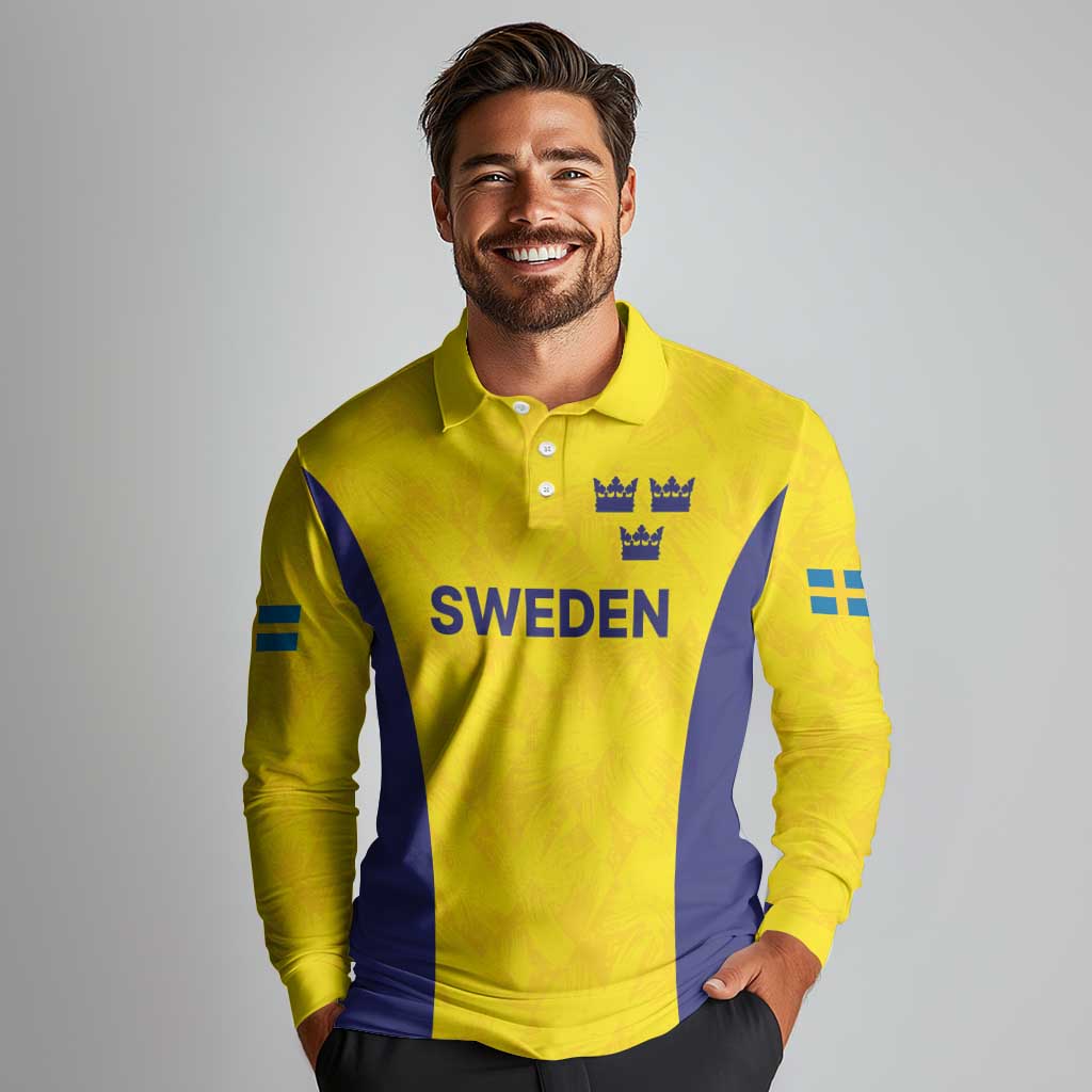 Sweden Rugby Custom Long Sleeve Polo Shirt Three Crowns of Sweden Gold Pattern - Wonder Print Shop