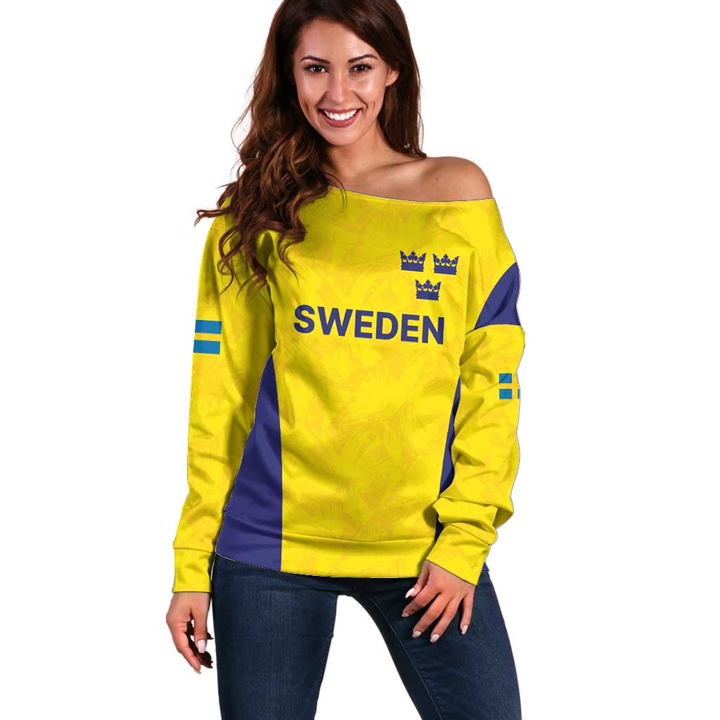 Sweden Rugby Custom Off Shoulder Sweater Three Crowns of Sweden Gold Pattern - Wonder Print Shop