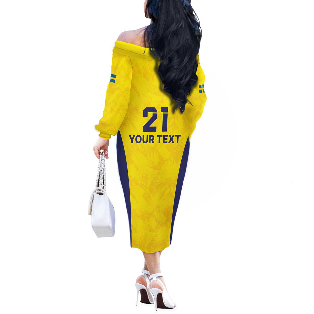 Sweden Rugby Custom Off The Shoulder Long Sleeve Dress Three Crowns of Sweden Gold Pattern - Wonder Print Shop