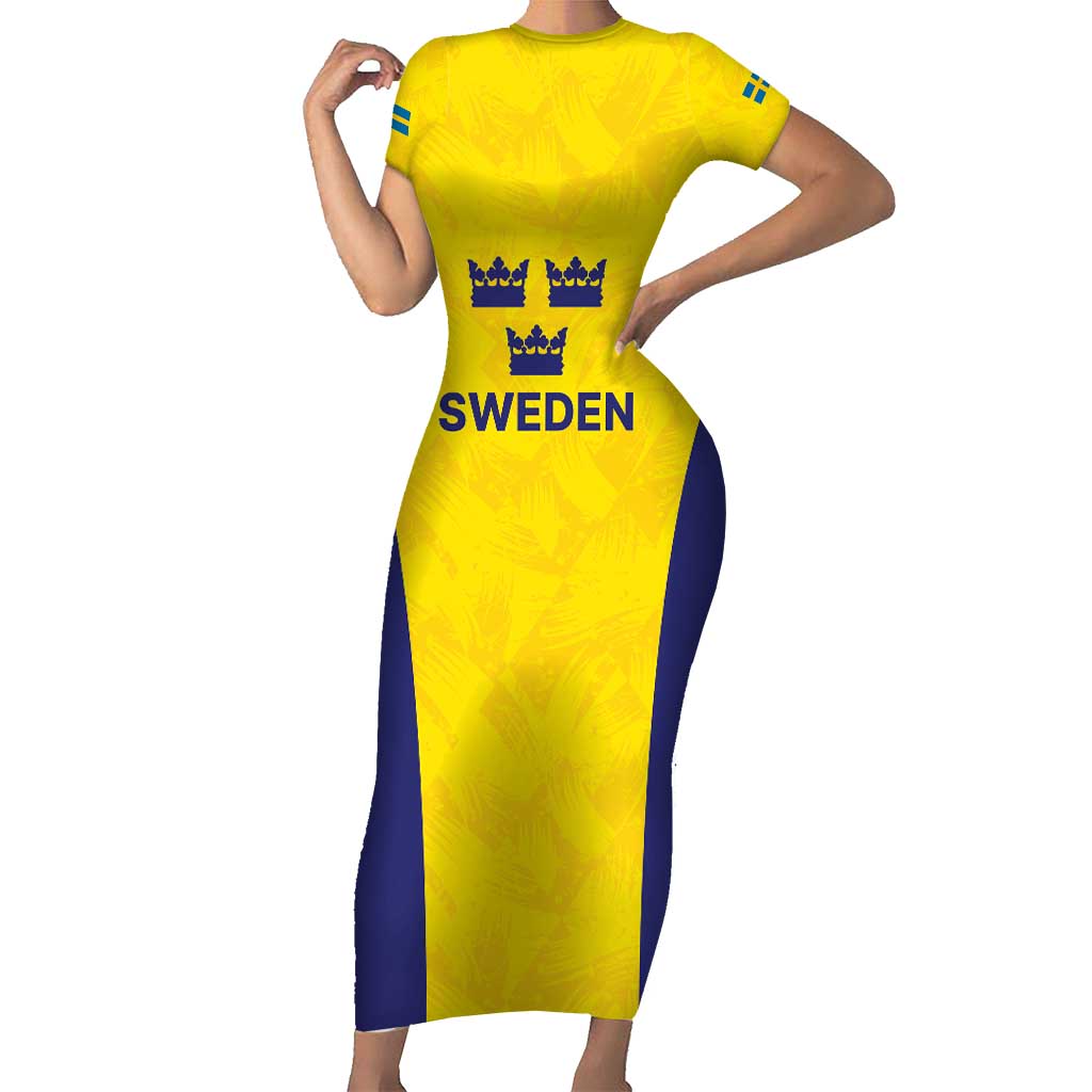 Sweden Rugby Custom Short Sleeve Bodycon Dress Three Crowns of Sweden Gold Pattern - Wonder Print Shop