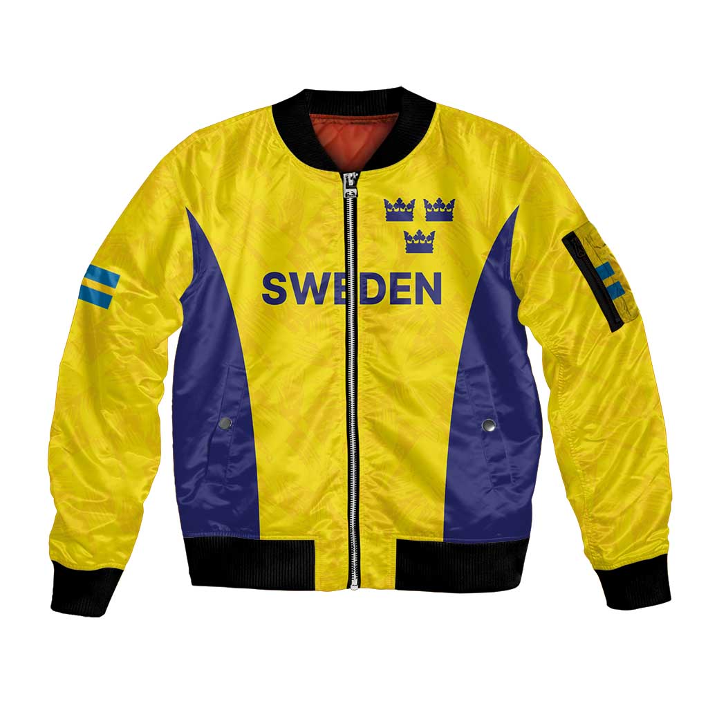 Sweden Rugby Custom Sleeve Zip Bomber Jacket Three Crowns of Sweden Gold Pattern - Wonder Print Shop