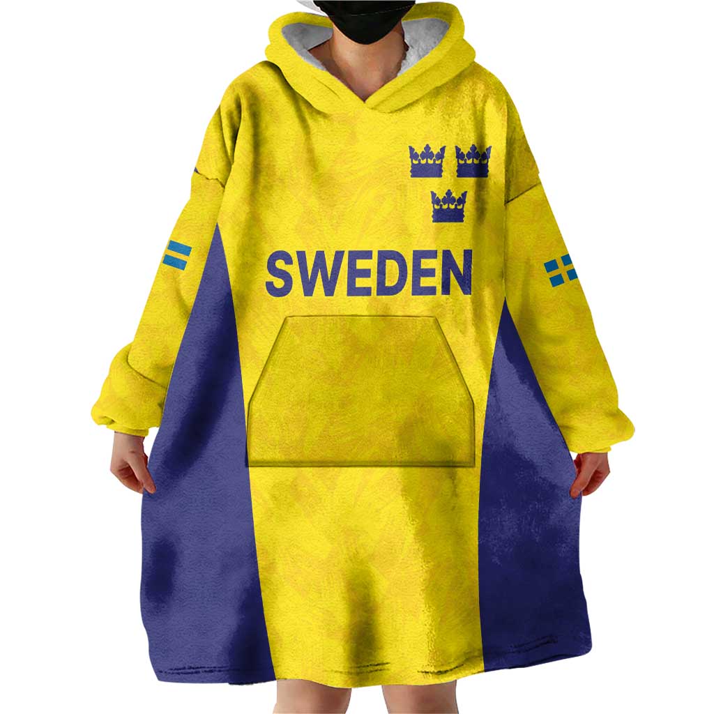 Sweden Rugby Custom Wearable Blanket Hoodie Three Crowns of Sweden Gold Pattern - Wonder Print Shop