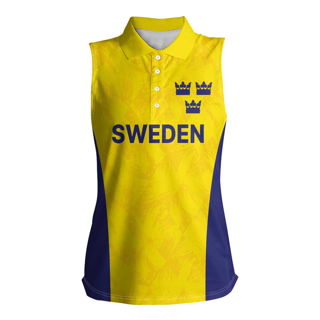 Sweden Rugby Custom Women Sleeveless Polo Shirt Three Crowns of Sweden Gold Pattern - Wonder Print Shop