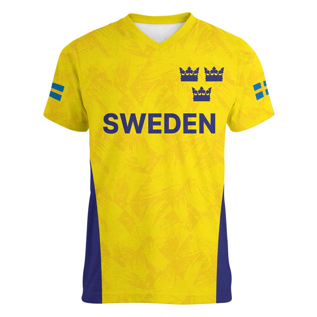 Sweden Rugby Custom Women V-Neck T-Shirt Three Crowns of Sweden Gold Pattern - Wonder Print Shop