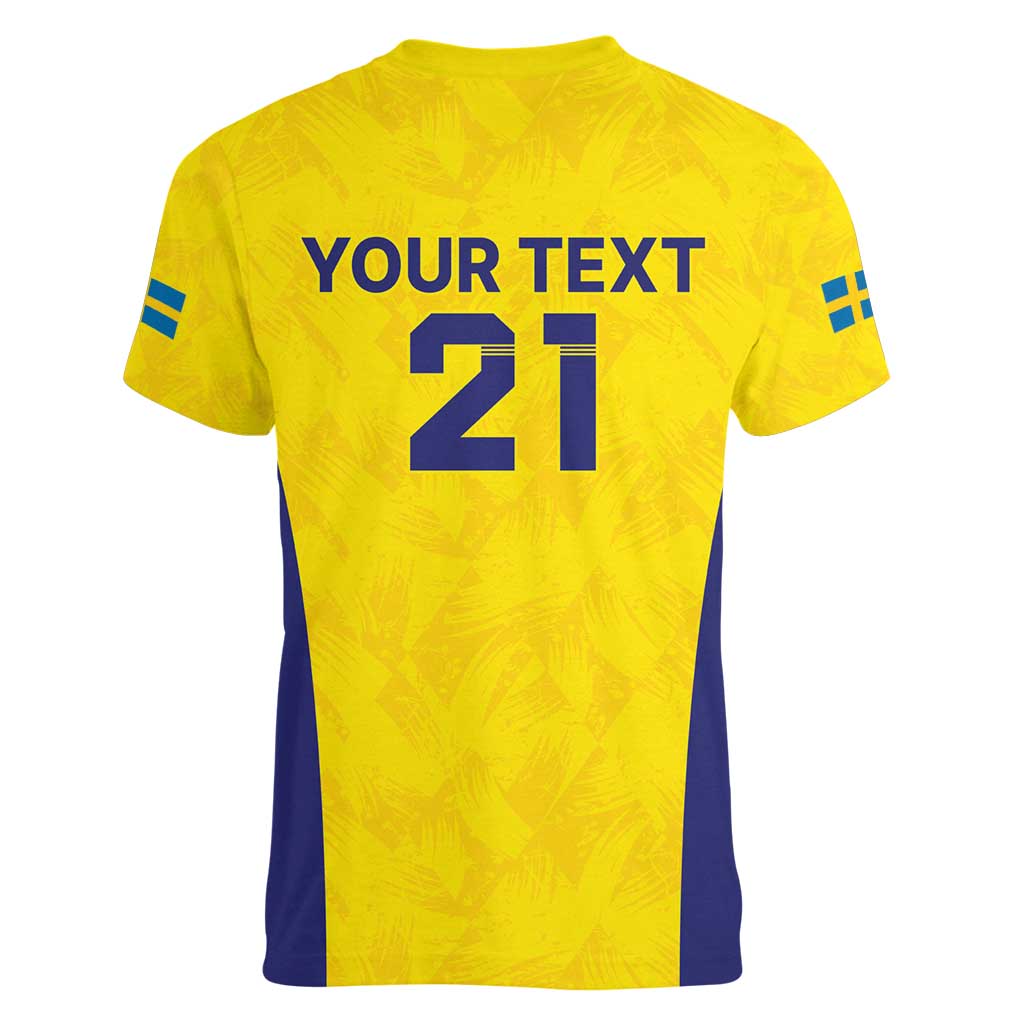 Sweden Rugby Custom Women V-Neck T-Shirt Three Crowns of Sweden Gold Pattern - Wonder Print Shop