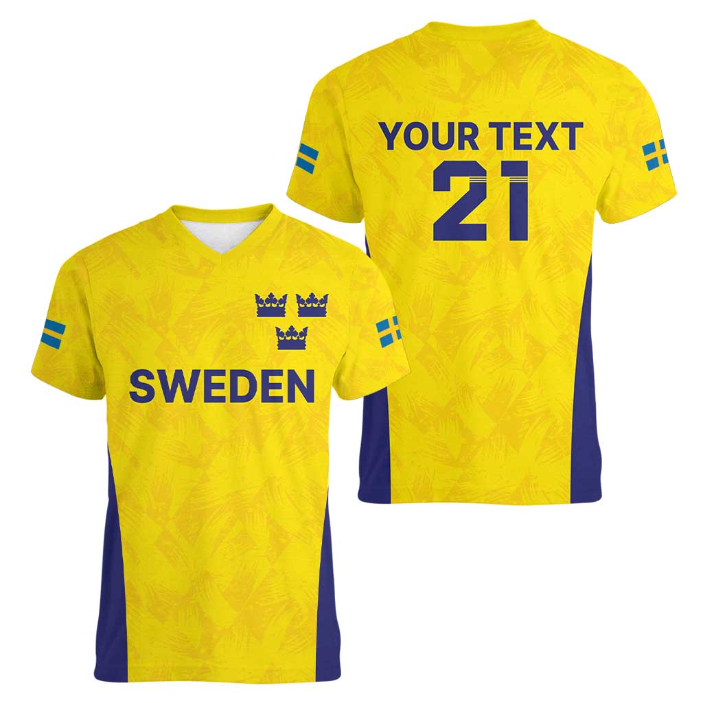 Sweden Rugby Custom Women V-Neck T-Shirt Three Crowns of Sweden Gold Pattern - Wonder Print Shop