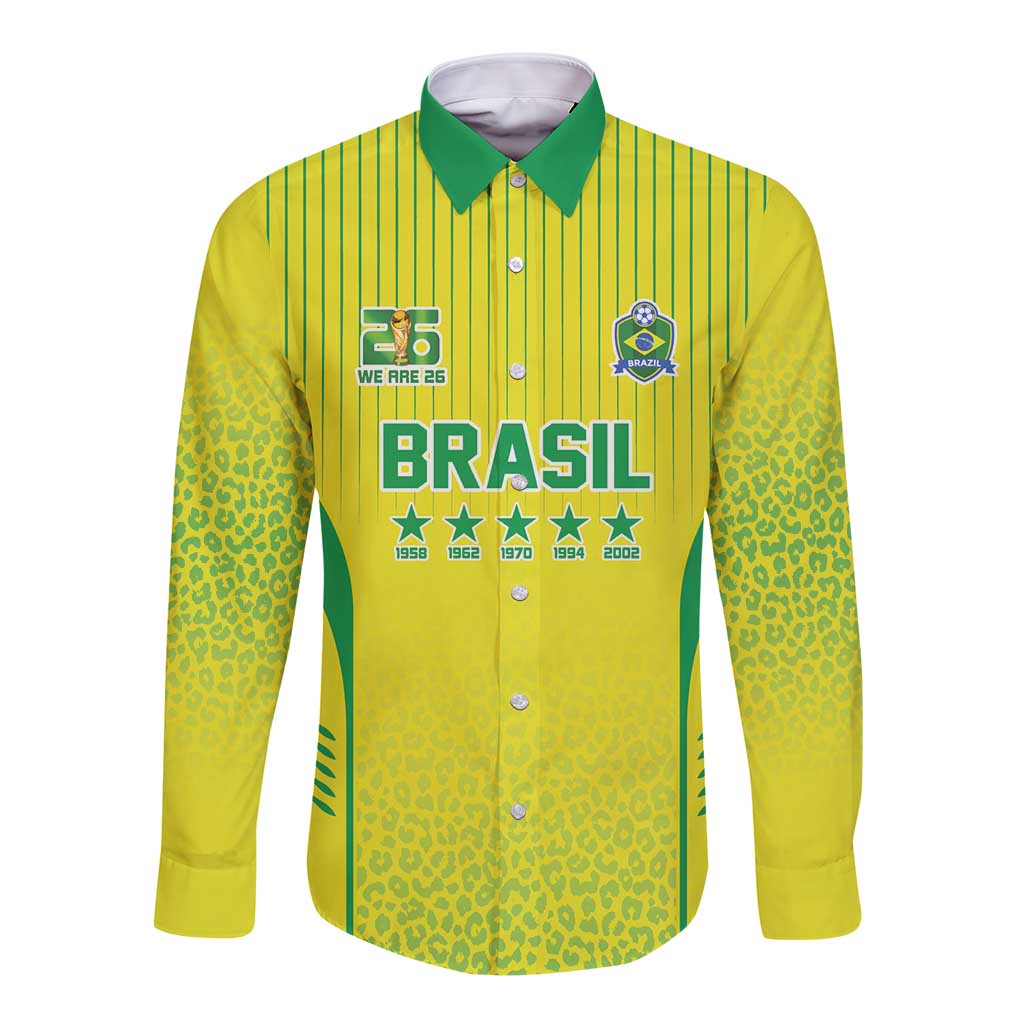 Custom Brazil World Football Legacy Long Sleeve Button Shirt 5 Times History Champions - Wonder Print Shop