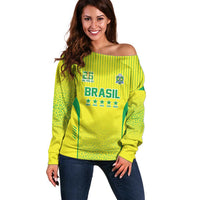 Custom Brazil World Football Legacy Off Shoulder Sweater 5 Times History Champions - Wonder Print Shop