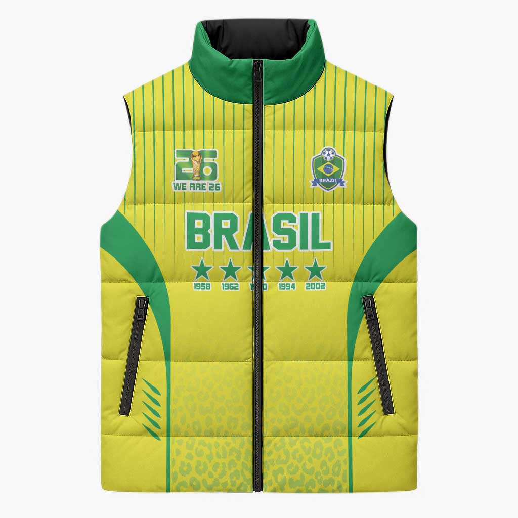 Custom Brazil World Football Legacy Sleeveless Puffer Jacket 5 Times History Champions - Wonder Print Shop