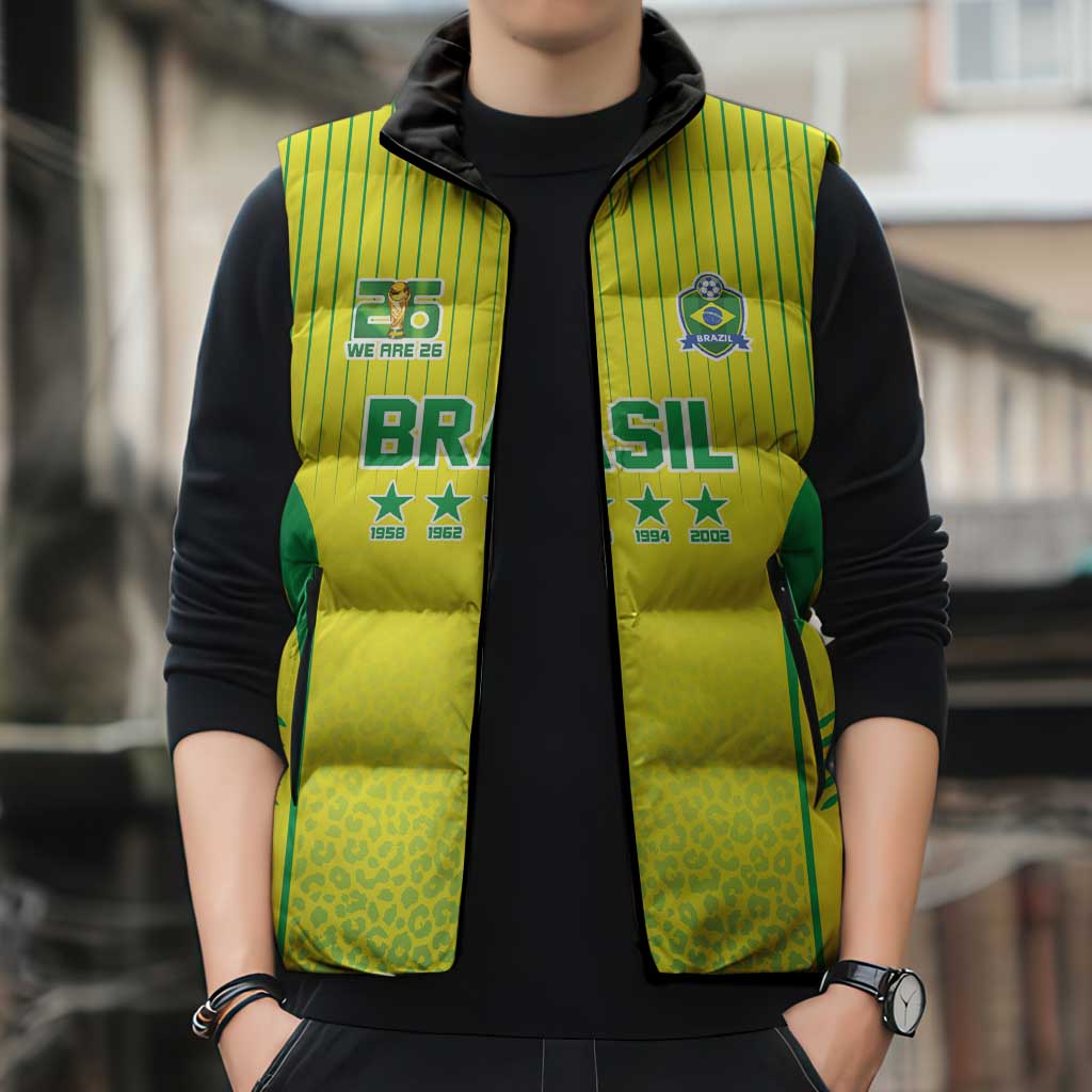 Custom Brazil World Football Legacy Sleeveless Puffer Jacket 5 Times History Champions - Wonder Print Shop
