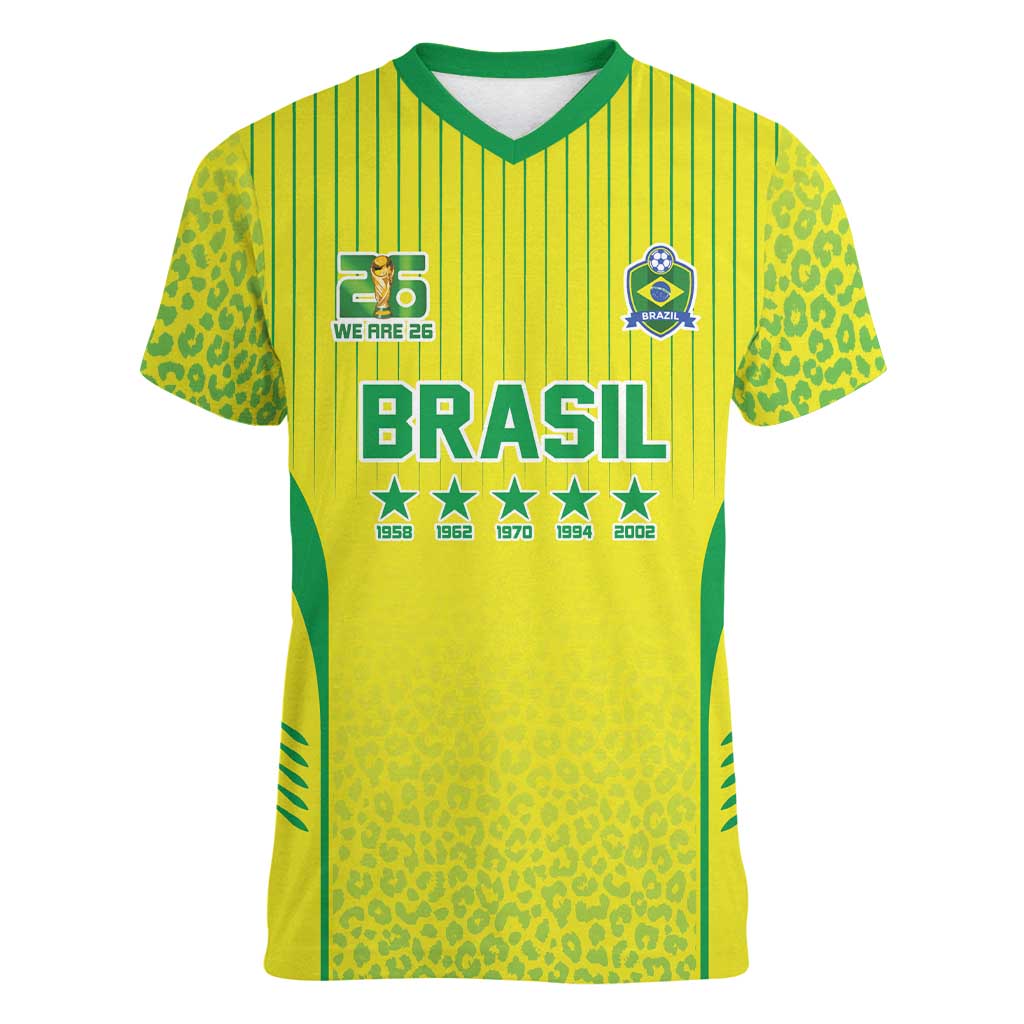 Custom Brazil World Football Legacy Women V-Neck T-Shirt 5 Times History Champions - Wonder Print Shop