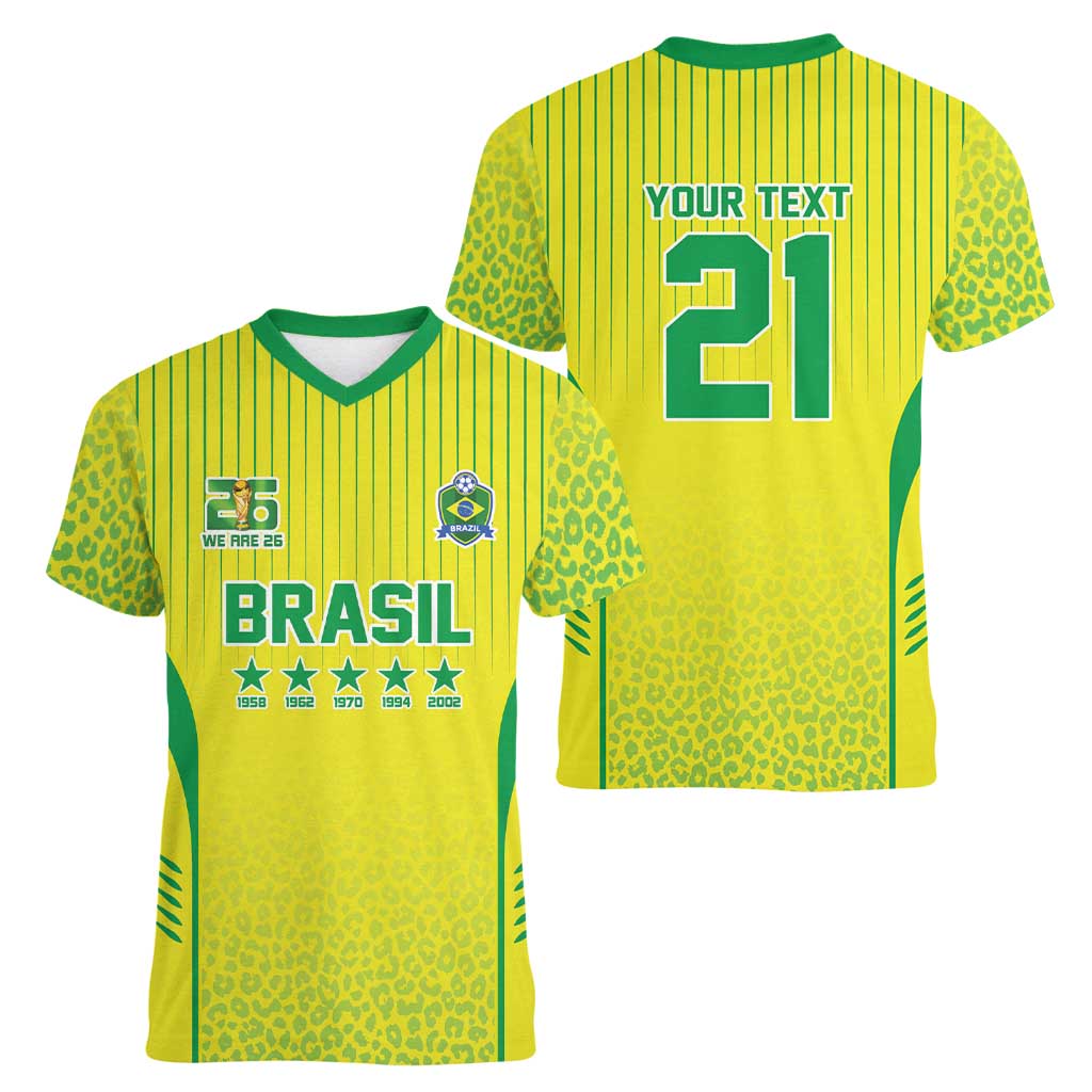 Custom Brazil World Football Legacy Women V-Neck T-Shirt 5 Times History Champions - Wonder Print Shop