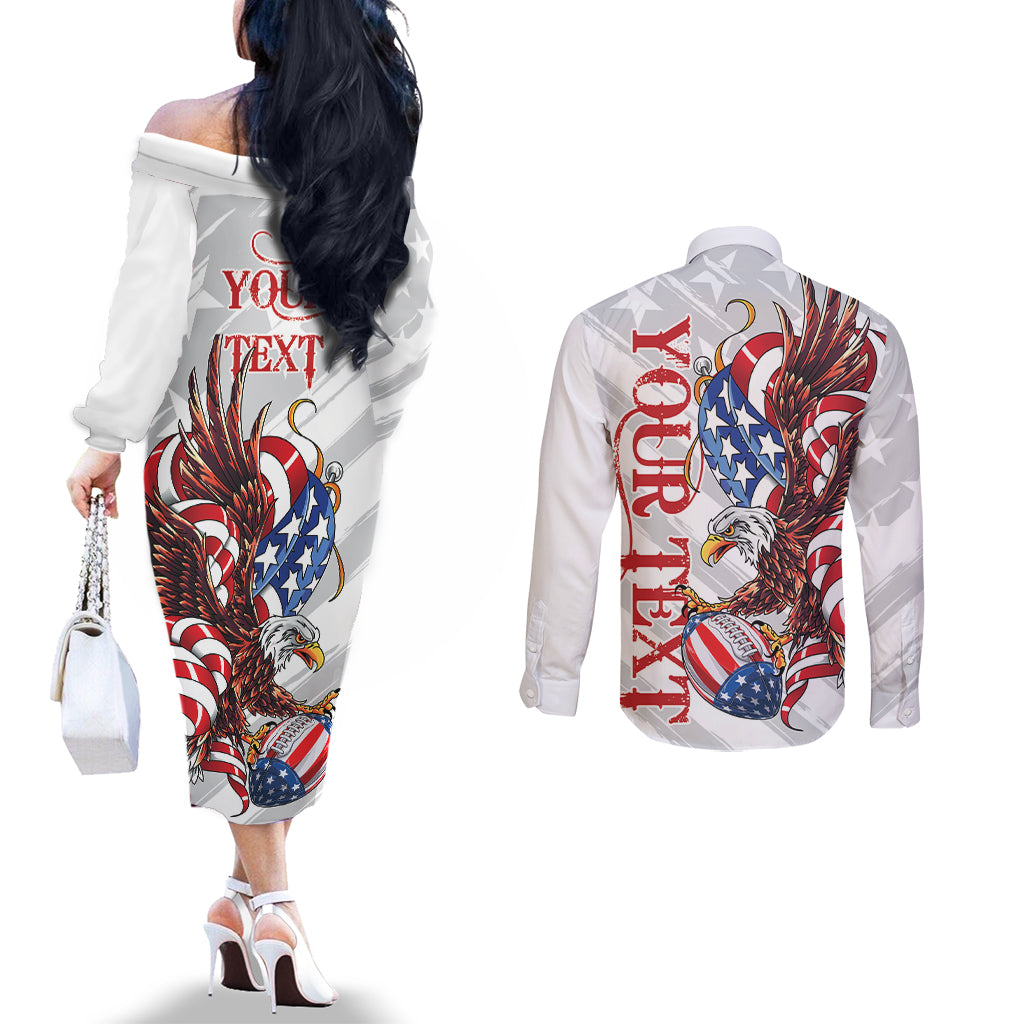 Personalized United States Rugby Couples Matching Off The Shoulder Long Sleeve Dress and Long Sleeve Button Shirt American Bald Eagle