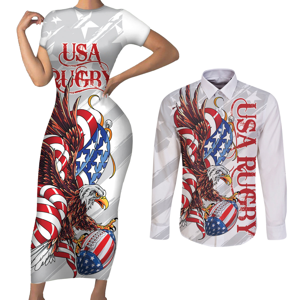 Personalized United States Rugby Couples Matching Short Sleeve Bodycon Dress and Long Sleeve Button Shirt American Bald Eagle LT9 - Wonder Print Shop