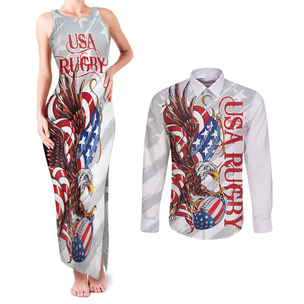Personalized United States Rugby Couples Matching Tank Maxi Dress and Long Sleeve Button Shirt American Bald Eagle LT9 - Wonder Print Shop