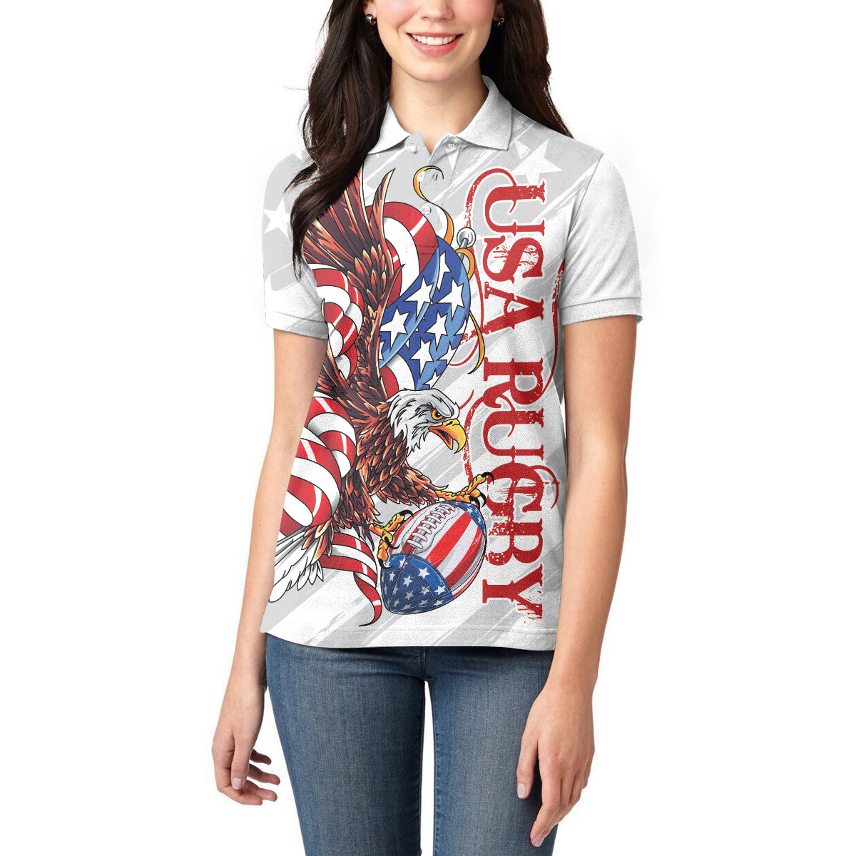 Personalized United States Rugby Women Polo Shirt American Bald Eagle - Wonder Print Shop