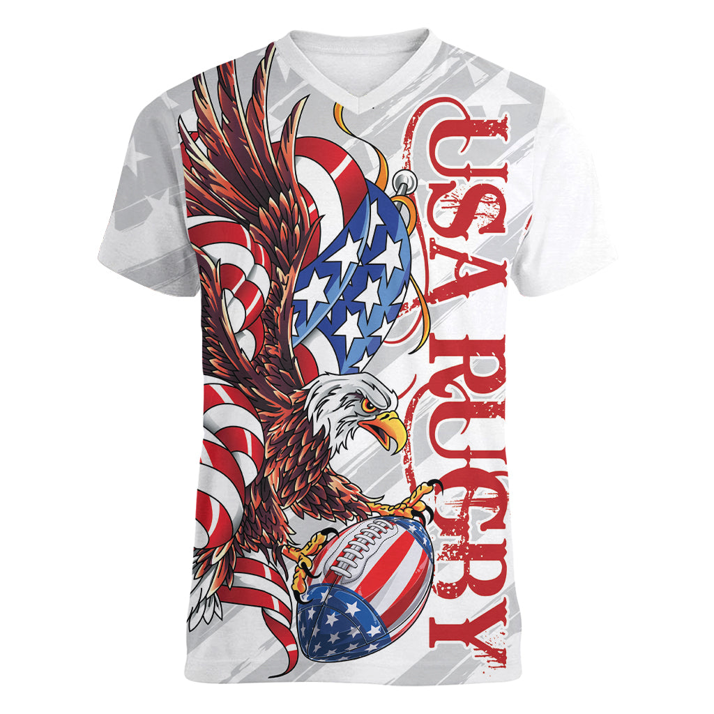 Personalized United States Rugby Women V-Neck T-Shirt American Bald Eagle - Wonder Print Shop