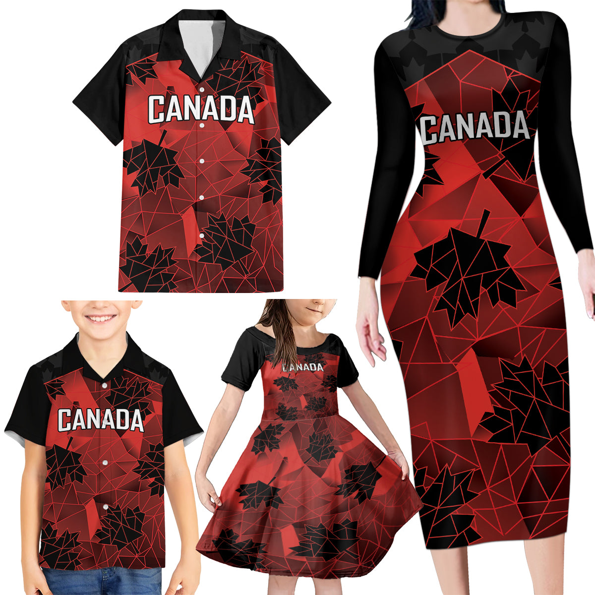 Custom Canada Rugby Family Matching Long Sleeve Bodycon Dress and Hawaiian Shirt Maple Leaf With Sporty Style LT9 - Wonder Print Shop