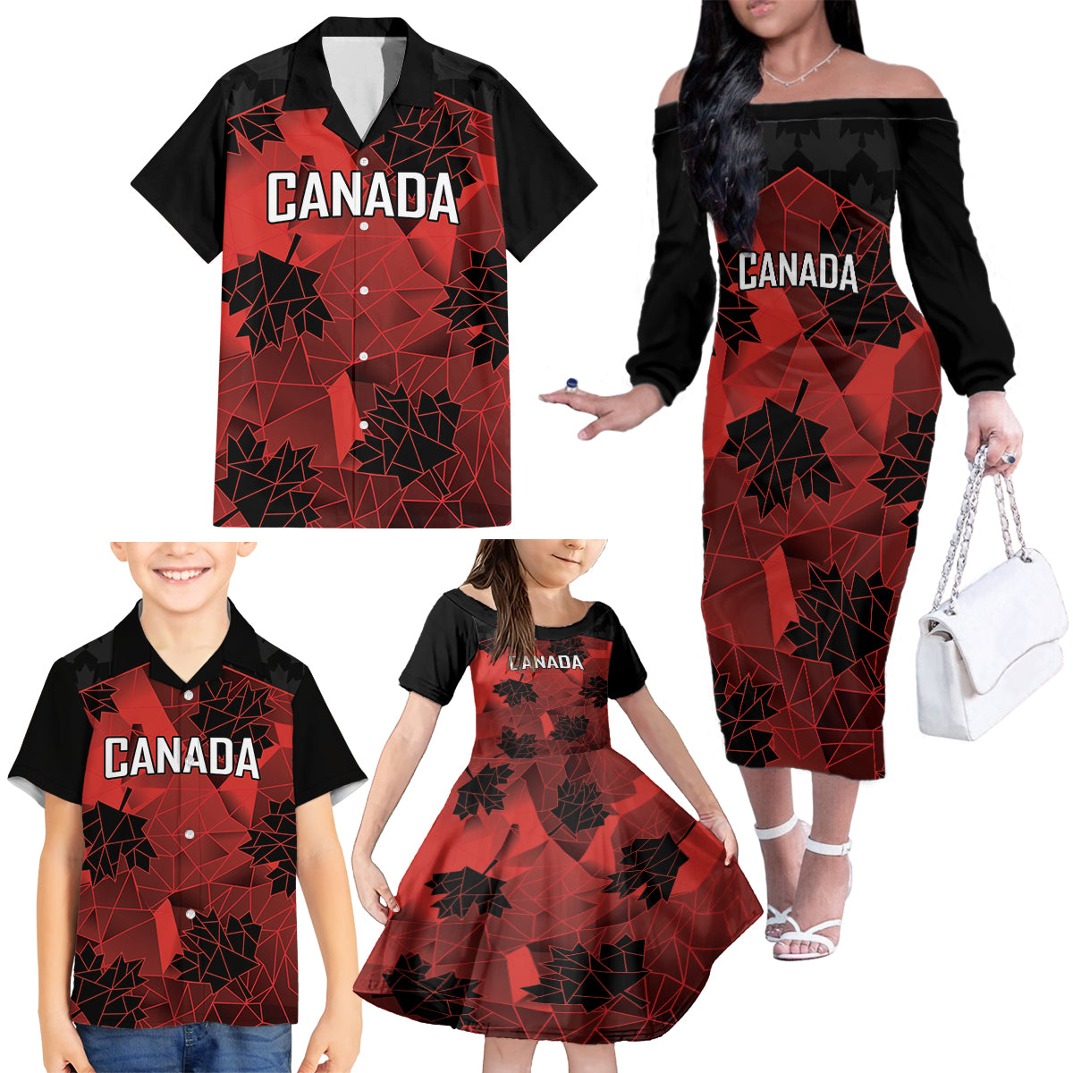 Custom Canada Rugby Family Matching Off The Shoulder Long Sleeve Dress and Hawaiian Shirt Maple Leaf With Sporty Style - Wonder Print Shop