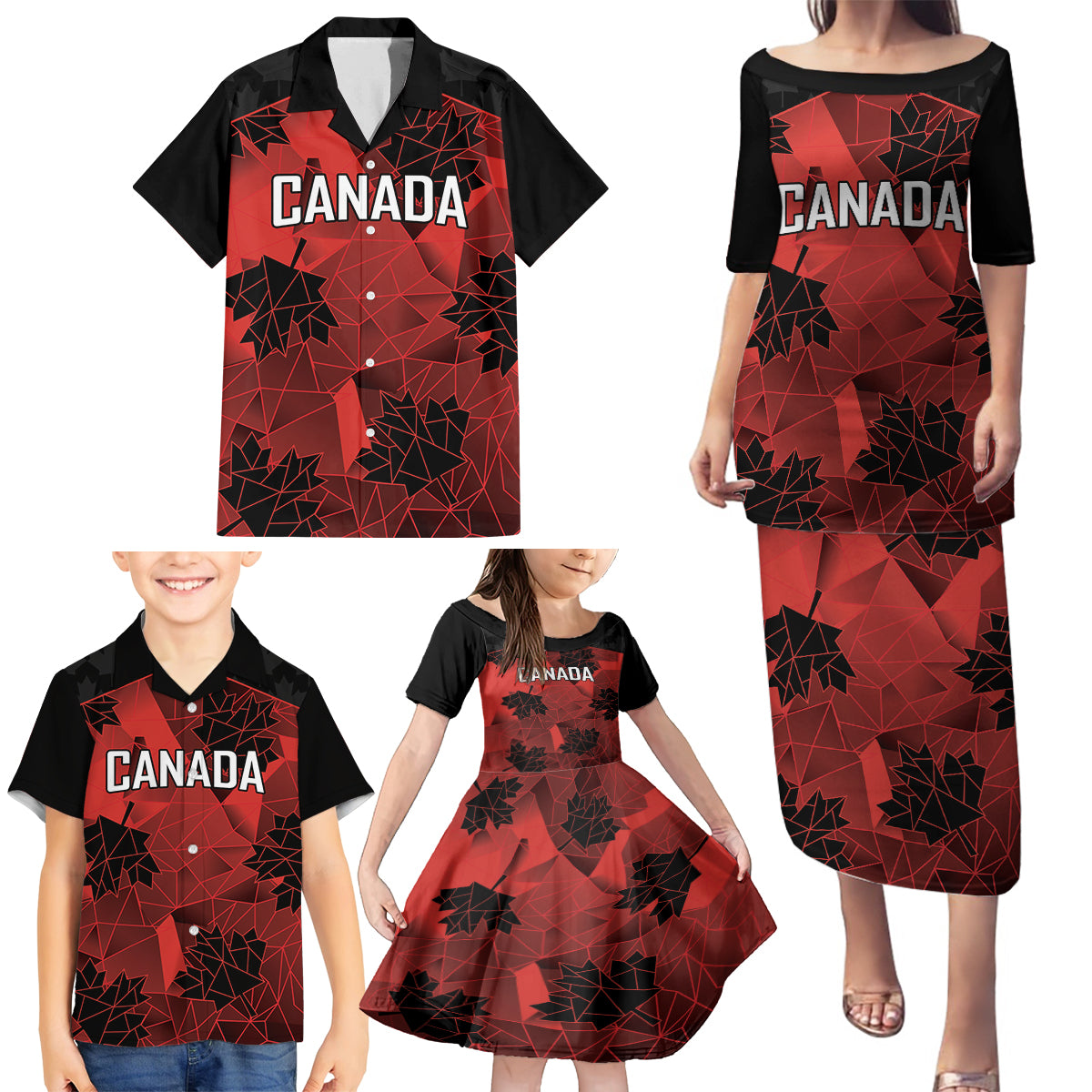 Custom Canada Rugby Family Matching Puletasi and Hawaiian Shirt Maple Leaf With Sporty Style
