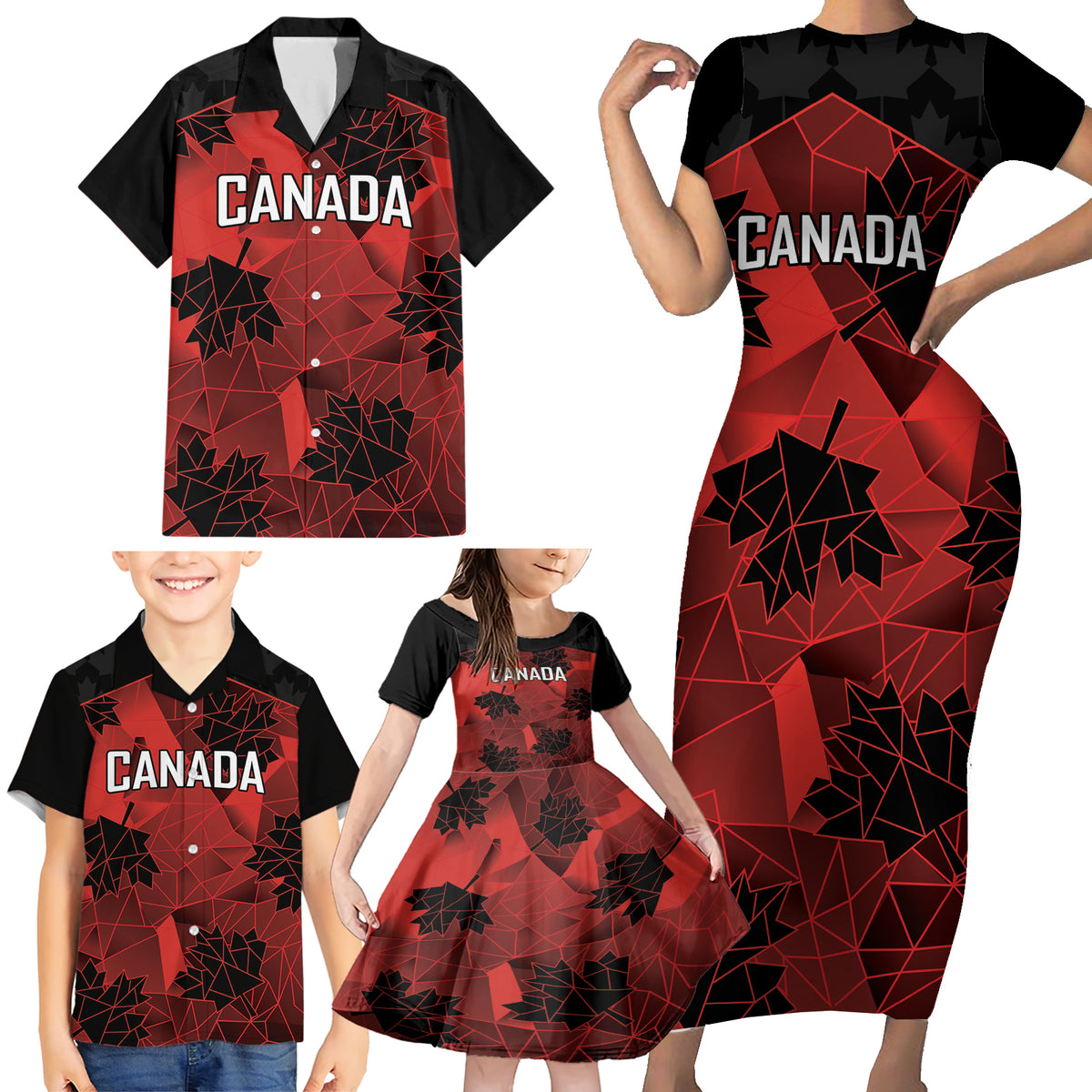 Custom Canada Rugby Family Matching Short Sleeve Bodycon Dress and Hawaiian Shirt Maple Leaf With Sporty Style - Wonder Print Shop