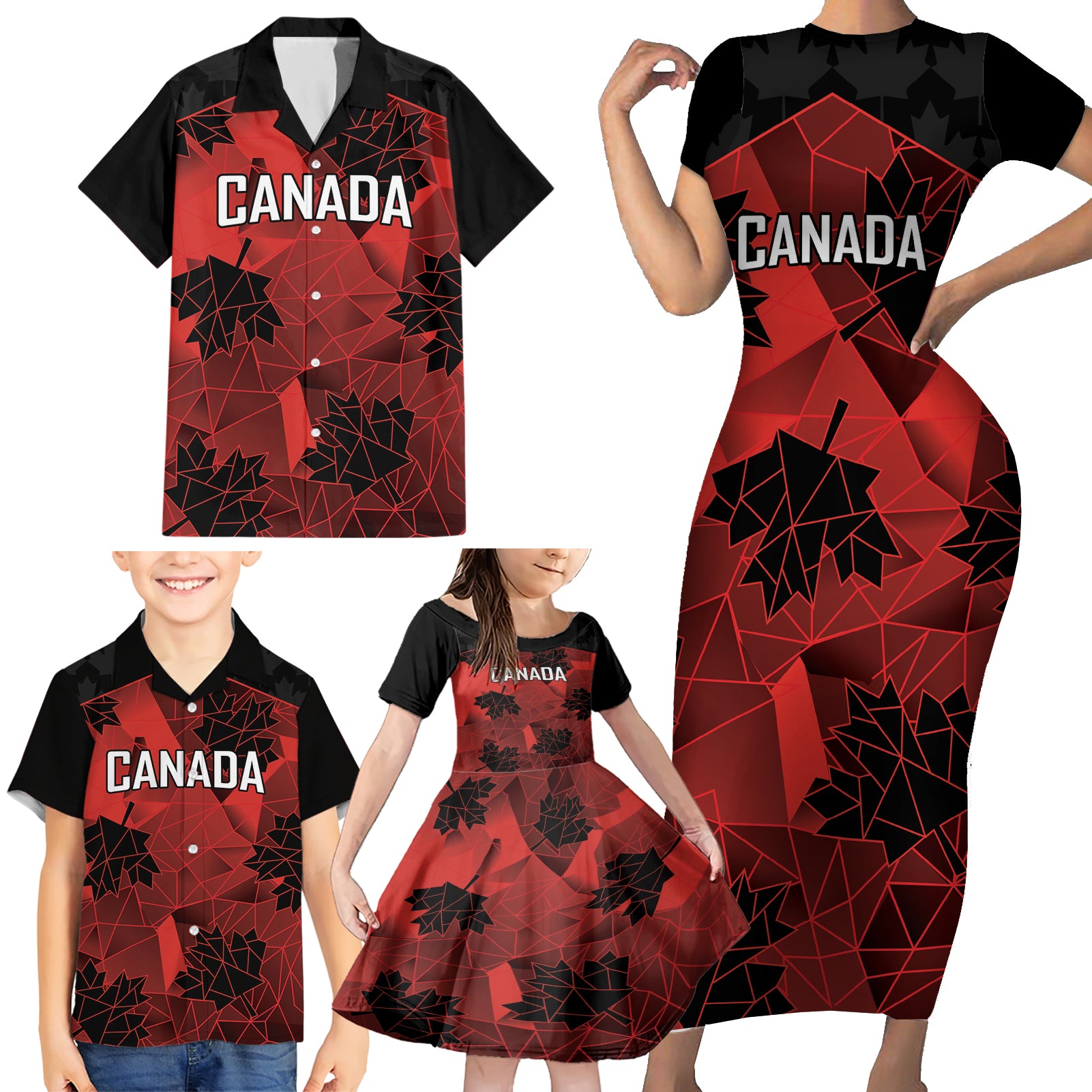 Custom Canada Rugby Family Matching Short Sleeve Bodycon Dress and Hawaiian Shirt Maple Leaf With Sporty Style