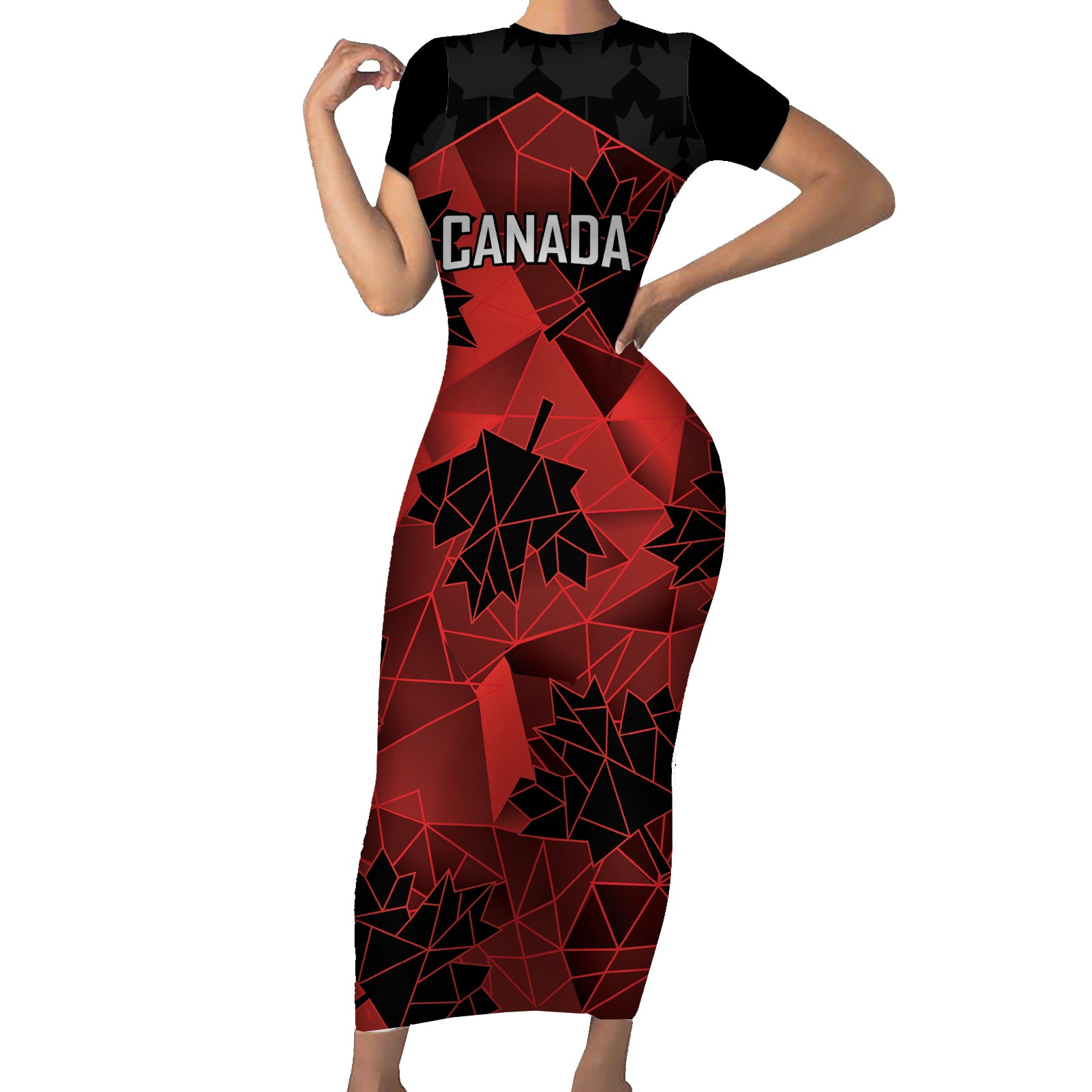 Custom Canada Rugby Short Sleeve Bodycon Dress Maple Leaf With Sporty Style - Wonder Print Shop