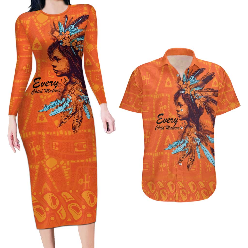 Awareness for Indigenous Orange Day Couples Matching Long Sleeve Bodycon Dress and Hawaiian Shirt Canadian Indigenous Art - Wonder Print Shop