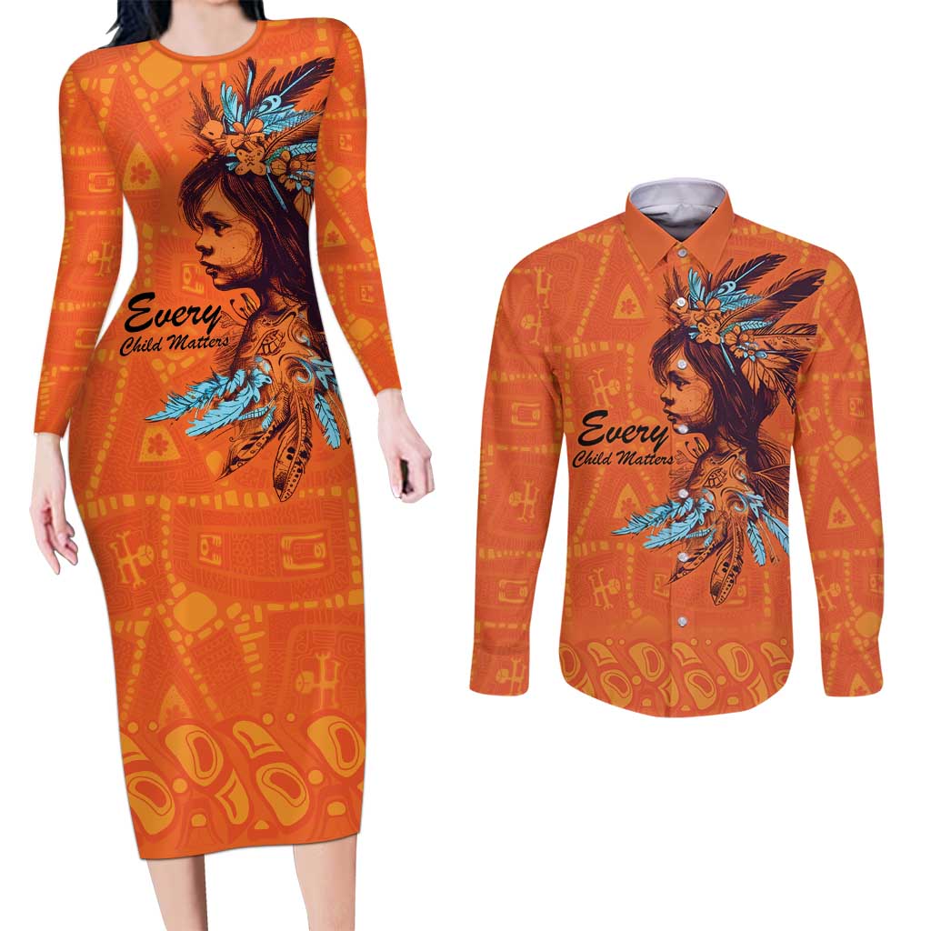 Awareness for Indigenous Orange Day Couples Matching Long Sleeve Bodycon Dress and Long Sleeve Button Shirt Canadian Indigenous Art - Wonder Print Shop