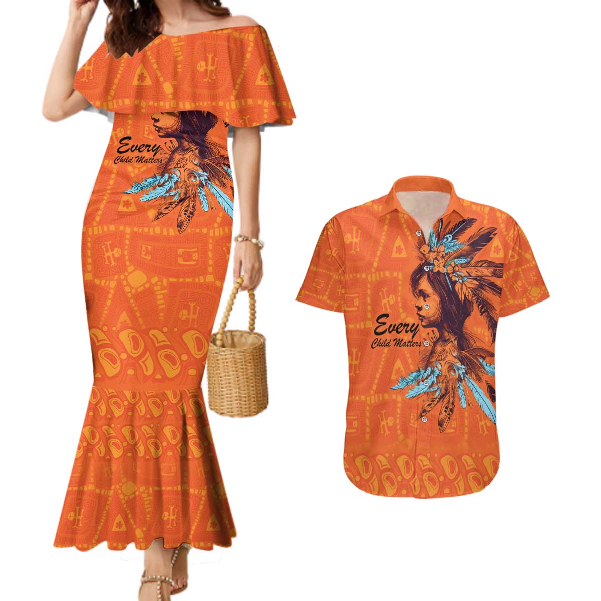 Awareness for Indigenous Orange Day Couples Matching Mermaid Dress and Hawaiian Shirt Canadian Indigenous Art - Wonder Print Shop