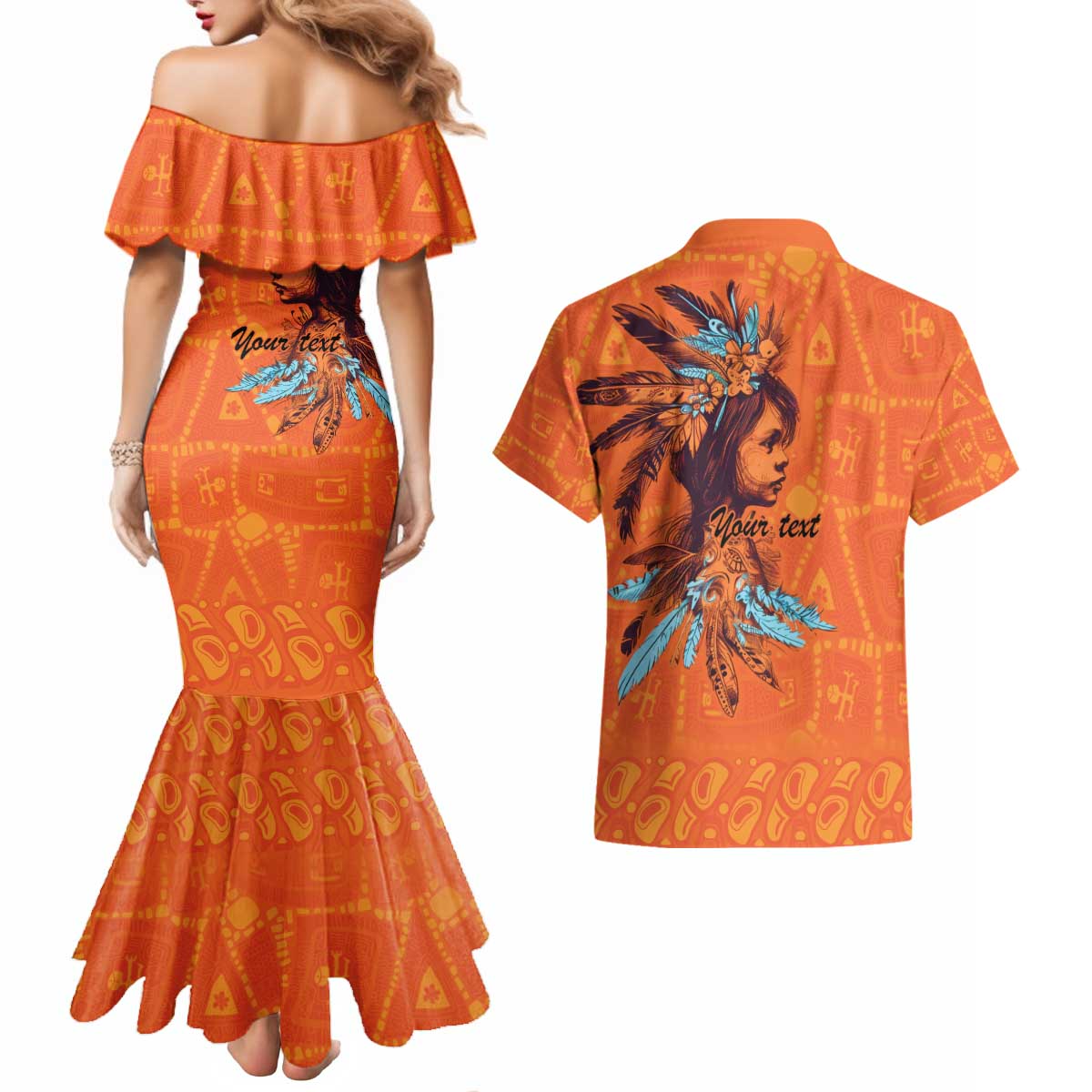 Awareness for Indigenous Orange Day Couples Matching Mermaid Dress and Hawaiian Shirt Canadian Indigenous Art - Wonder Print Shop