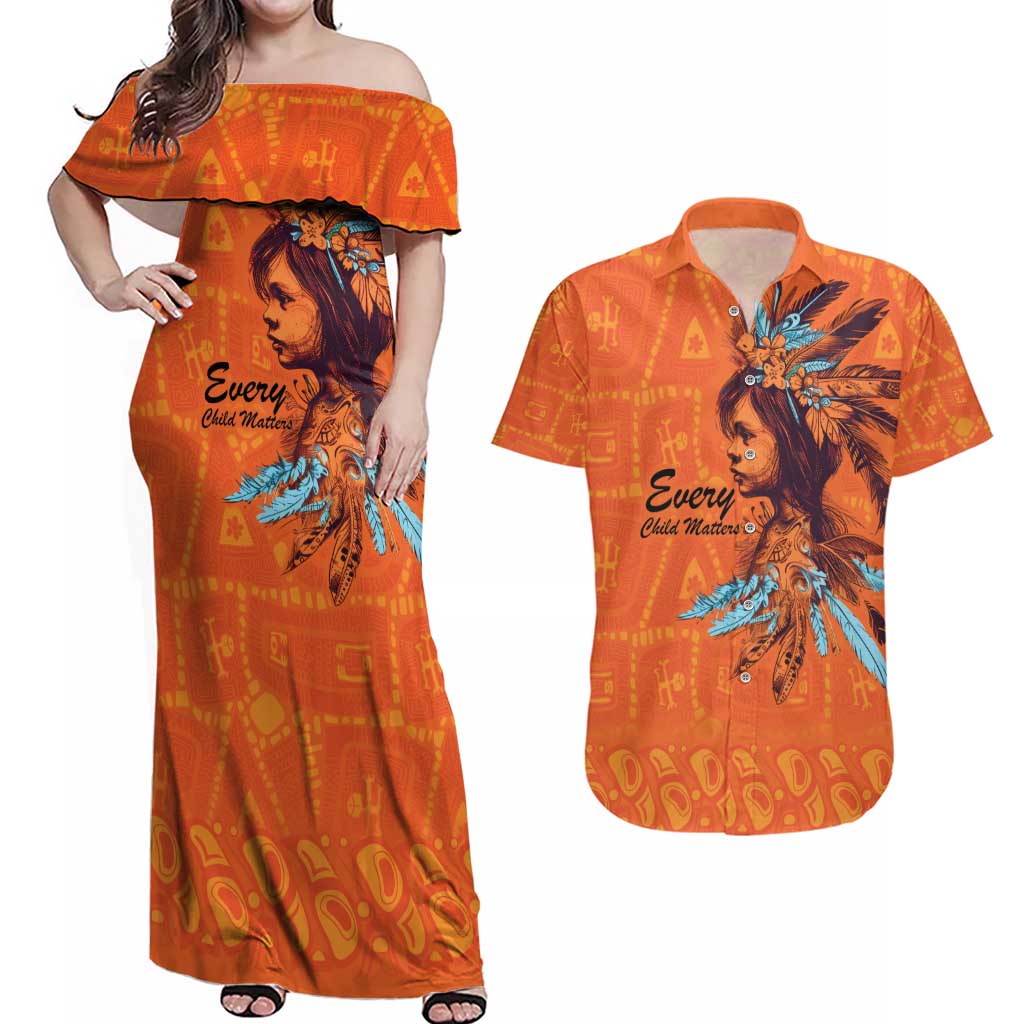 Awareness for Indigenous Orange Day Couples Matching Off Shoulder Maxi Dress and Hawaiian Shirt Canadian Indigenous Art - Wonder Print Shop