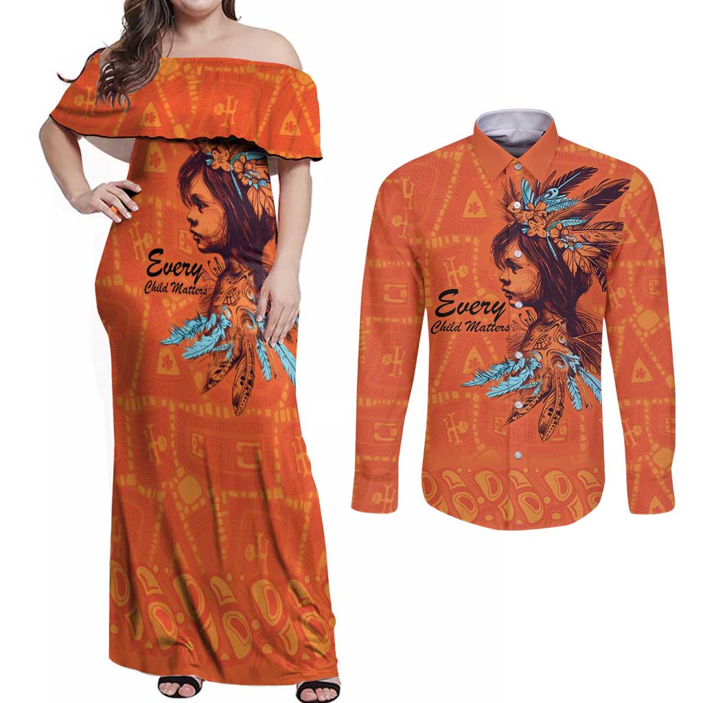 Awareness for Indigenous Orange Day Couples Matching Off Shoulder Maxi Dress and Long Sleeve Button Shirt Canadian Indigenous Art - Wonder Print Shop