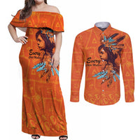 Awareness for Indigenous Orange Day Couples Matching Off Shoulder Maxi Dress and Long Sleeve Button Shirt Canadian Indigenous Art - Wonder Print Shop