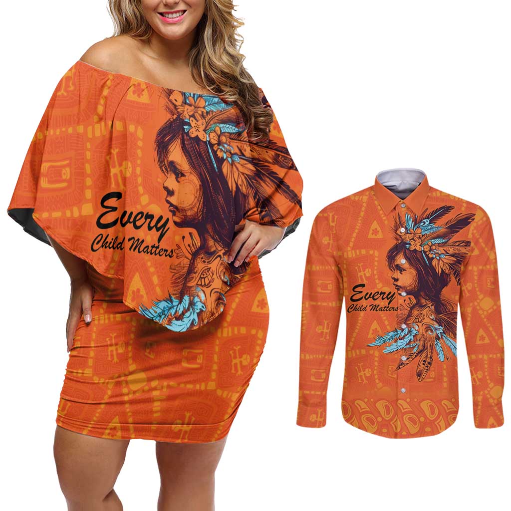 Awareness for Indigenous Orange Day Couples Matching Off Shoulder Short Dress and Long Sleeve Button Shirt Canadian Indigenous Art - Wonder Print Shop