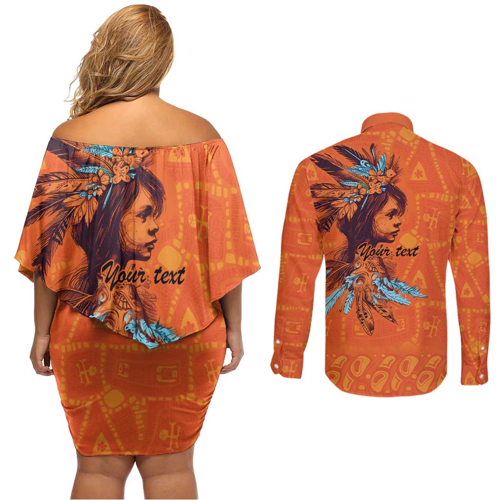 Awareness for Indigenous Orange Day Couples Matching Off Shoulder Short Dress and Long Sleeve Button Shirt Canadian Indigenous Art - Wonder Print Shop