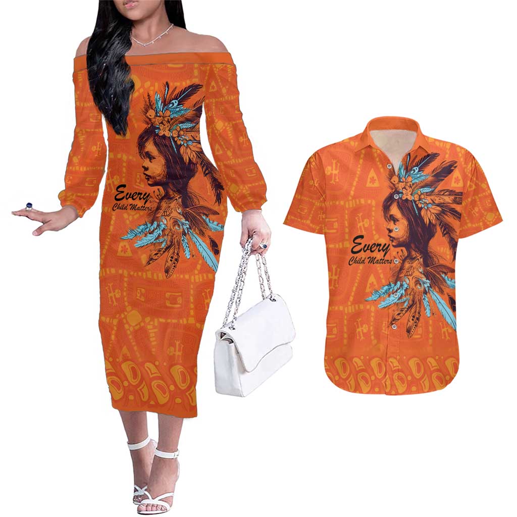 Awareness for Indigenous Orange Day Couples Matching Off The Shoulder Long Sleeve Dress and Hawaiian Shirt Canadian Indigenous Art - Wonder Print Shop